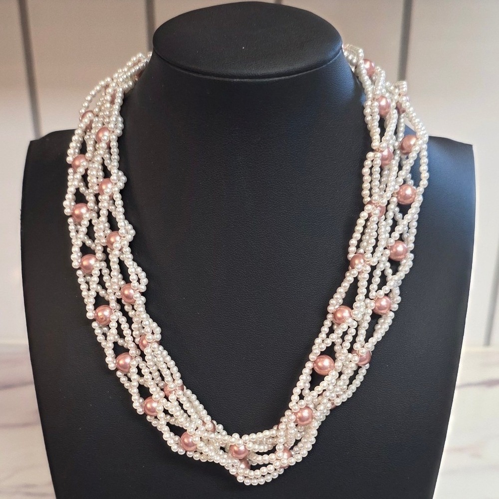 Vintage Woven Faux Pearl Bib Necklace White Pink Multi Strand Statement 17in